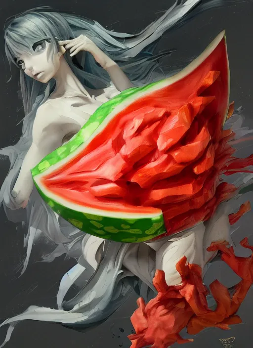 Image similar to semi reallistic gouache gesture painting, by yoshitaka amano, by ruan jia, by Conrad roset, by dofus online artists, detailed anime 3d render watermelon monster, watermelon terrible monster, antrophomorfic watermelon, portrait, cgsociety, artstation, rococo mechanical, Digital reality, sf5 ink style, dieselpunk atmosphere, gesture drawn