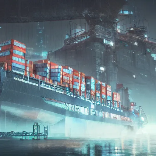 Image similar to photo of Immense industrial futuristic cargo ship arrives at cyber punk city sea port, cinematic lighting, photo