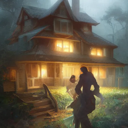 Image similar to two husbands leave each other inside a big wooden broken house by Stanley Artgerm Lau, WLOP, Rossdraws, James Jean, Andrei Riabovitchev, Marc Simonetti, Yoshitaka Amano, ArtStation, CGSociety