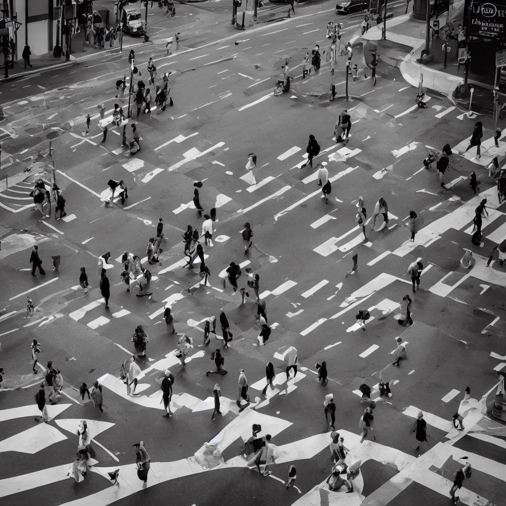 Image similar to a black and white photo of people crossing a street, a tilt shift photo by ned m. seidler, featured on pexels, photorealism, streetscape, anamorphic lens flare, dynamic composition