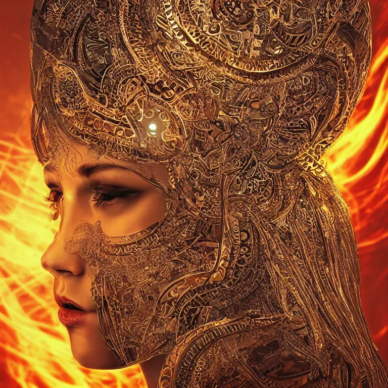 Image similar to octane render portrait by wayne barlow and carlo crivelli and glenn fabry, a high - end chrome android with intricate gold and silver detailing in the style of henna face tattoos, inside a complex mandala pattern made out of colorful flames, volumetric lighting and light rays, cinema 4 d, ray traced lighting, very short depth of field, bokeh