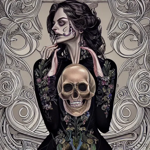 Prompt: a beautiful detailed front view portrait of a corpse woman with ornate growing around morphing, ornamentation, flowers, elegant, beautifully lit, skull, artgerm, joshua middleton comic cover art,