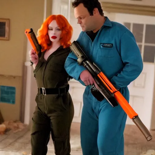 Image similar to vince vaughn as jack fenton, he is wearing an orange coveralls bodysuit with a black neck and a big gun belt, and christina hendricks as maddie fenton, she is wearing a tight teal coveralls bodysuit with a black neck and a big gun belt, movie photo, spooky netflix still shot, they are looking for ghosts