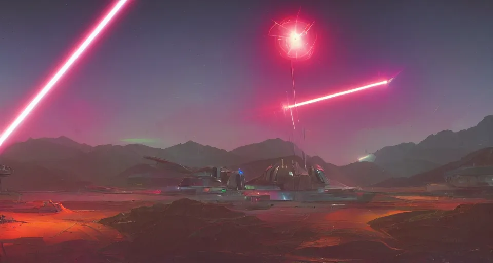 Image similar to Low orbital laser cannon shooting a neon beam down on the landscape, neon laser cannon, cinematic, rendered by simon stålenhag, rendered by Beeple, Makoto Shinkai, syd meade, star wars, inspired by Gundam, environment concept, digital art, unreal engine, 3 point perspective, WLOP, trending on artstation, low level, 4K UHD image, octane render,