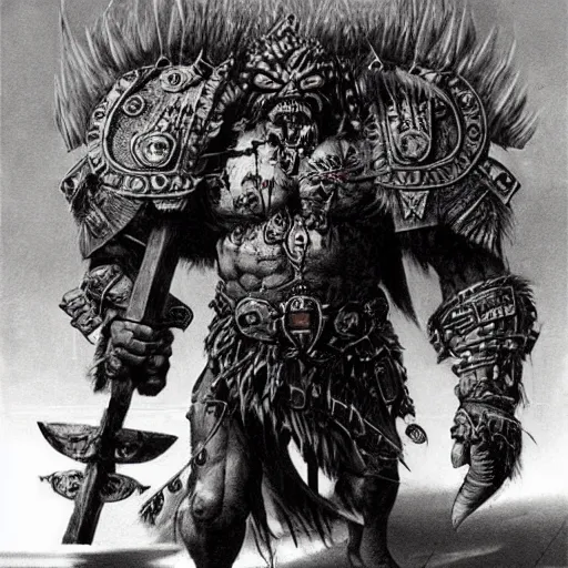 Image similar to warhammer orc feral chieftain, wearing tribal armor, bulky body, ogre head, tusked, beksinski