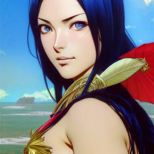 Prompt: highly detailed vfx portrait of nico robin by eiichiro oda!, makoto shinkai, alphonse mucha, masterpriece, art by artgerm and greg rutkowski!, blue eyes!!, large aquiline nose!!, gaston bussiere, stanley kubrick, kaoru mori, intricately detailed, behance, 4 k, hdr