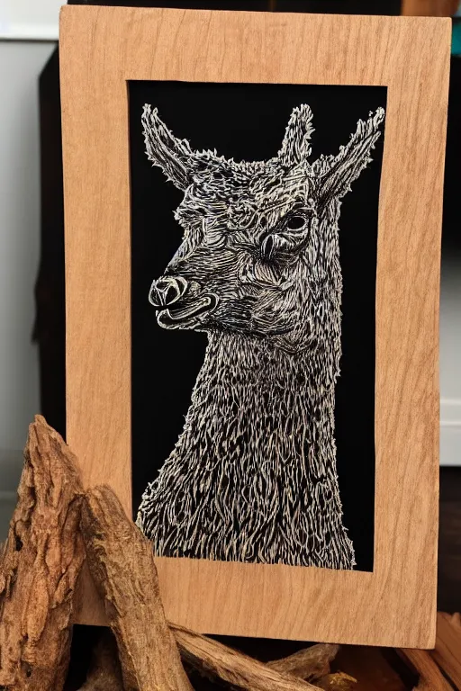 Image similar to fract wood burning lichtenberg figure llama portrait