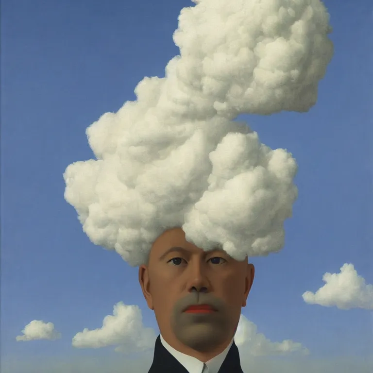 Image similar to portrait of a cloud head, by rene magritte, detailed painting, hd, hq, high resolution, high detail, 4 k, 8 k