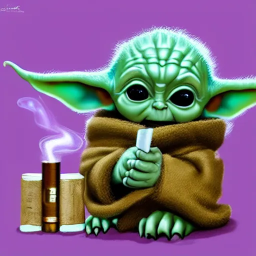 Image similar to digital illustion of baby yoda smoking a cigarette, sitting next to a discarded cigarette pack, deviantArt, artstation, artstation hq, hd, 4k resolution