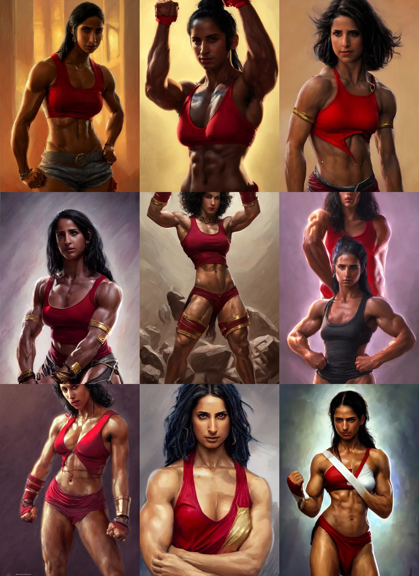 Prompt: a portrait of naomi scott, muscular, wearing red tanktop with gold lining, white bandages on fists, black hair, short - medium length hair, serious, style by donato giancola, wayne reynolds, jeff easley dramatic light, high detail, cinematic lighting, artstation, dungeons and dragons