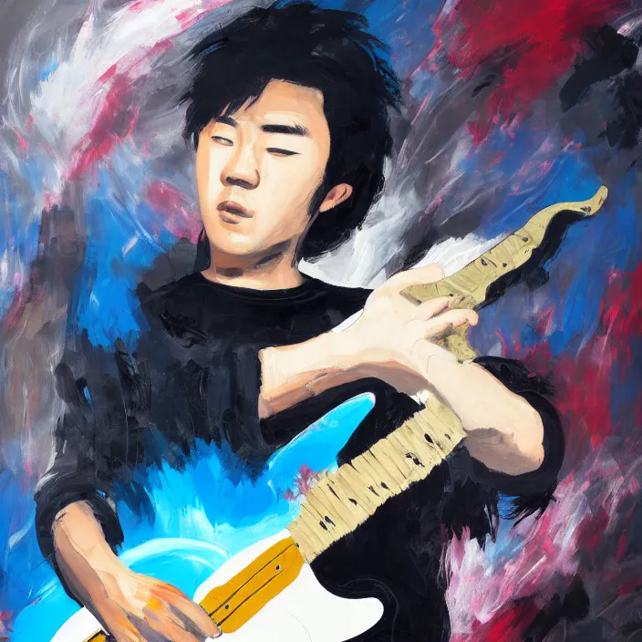 Image similar to abstract large swirly brush strokes painting of a young korean man wearing black v neck t shirt holding a telecaster!!! electric guitar!!, candid!! dark background, huge thick flowing dramatic brush strokes, matte colors, abstract, emotional masterpiece, impressionist, motion, trending on artstation