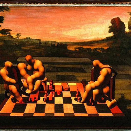 Image similar to a Nvidia robot with no other purpose in life than looking at a painting of gods playing chess under a crimson sky. Painted by Michelangelo. Hd. 4k. Arcane style