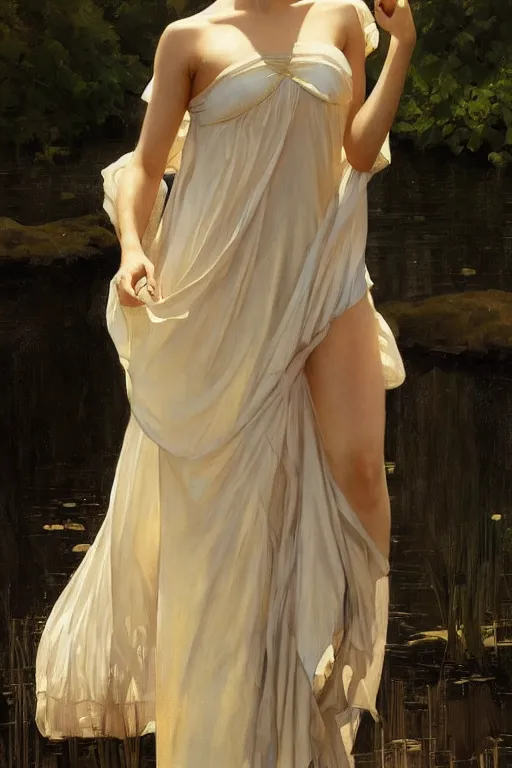 Image similar to a beautiful annie leonhart wearing a dress emerging from the water, oil on canvas, sensuality, artstation, by j. c. leyendecker and edmund blair leighton and charlie bowater