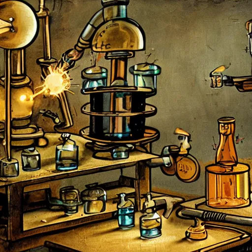 Prompt: a steampunk robot mouse performing a chemistry experiment at a lab bench, grimy, beakers are glowing, the lab is packed with equipment, renaissance painting, pastel colors