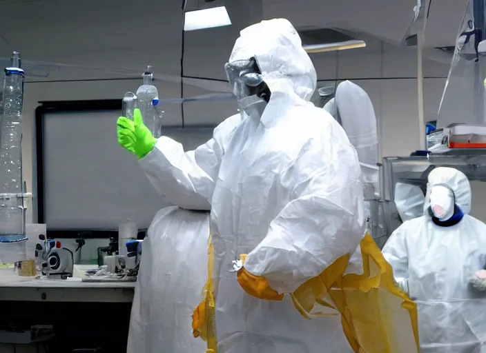 Prompt: one single man in a hazmat suit in a high tech science lab watches helplessly as a blobby flesh creature grows out of control