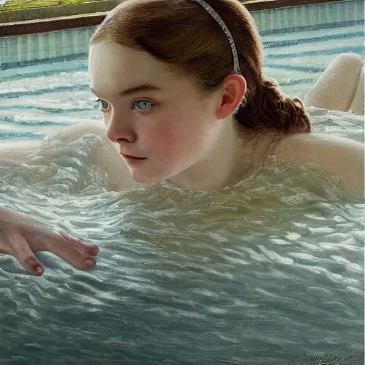 Image similar to Elle Fanning at the pool, stormy weather, extremely detailed masterpiece, oil on canvas, Roger Deakin’s cinematography, by Norman Rockwell,