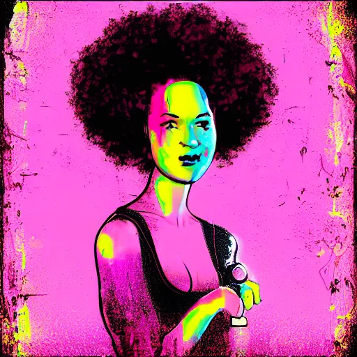 Prompt: a woman with a pink afro looking across the bar at you, synthwave, digital art, colorful