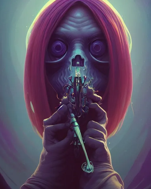 Image similar to highly detailed surreal vfx portrait of a raypunk grim reaper, stephen bliss, unreal engine, greg rutkowski, loish, rhads, beeple, makoto shinkai and lois van baarle, ilya kuvshinov, rossdraws, tom bagshaw, alphonse mucha, global illumination, detailed and intricate environment