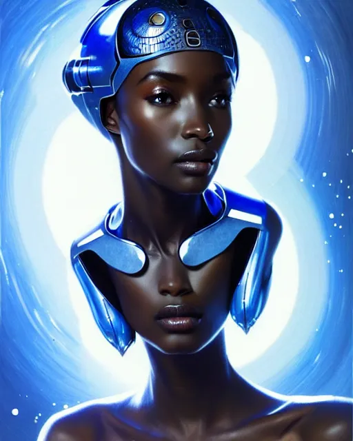 Image similar to Portrait of very very very very very very beautiful african woman, spacesuit, futuristic cybernetic helmet, blue eyes, real life skin, intricate, elegant, highly detailed, artstation, concept art, smooth, sharp focus, art by artgerm and greg rutkowski and alphonse mucha