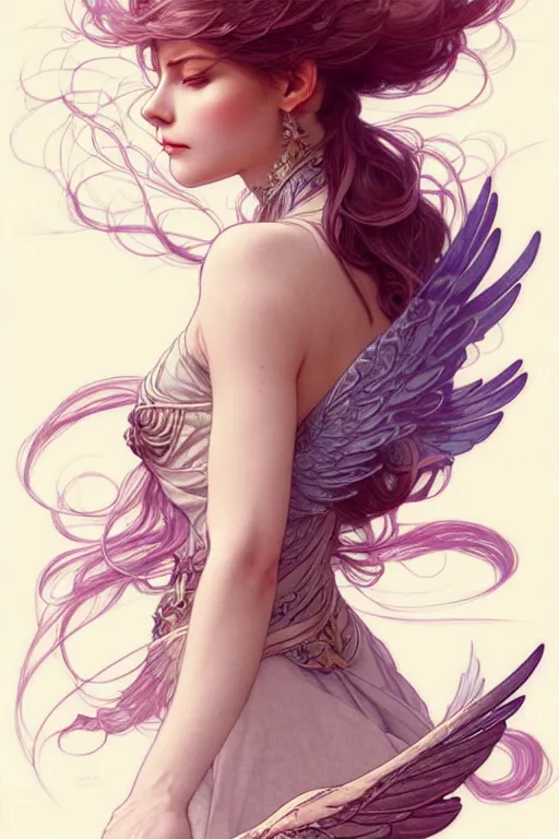 Image similar to portrait of woman with flowy hair, bird wings, confident pose, pixie, genshin impact, intricate, elegant, sharp focus, illustration, highly detailed, concept art, matte, trending on artstation, bright colors, art by wlop and artgerm and greg rutkowski, mucha, marvel comics