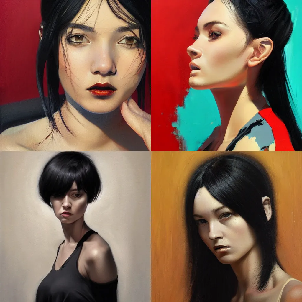 Prompt: a painting of a woman with black hair, an ultrafine detailed painting by sam spratt, cgsociety, figurative art, ilya kuvshinov, detailed painting, oil on canvas