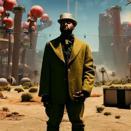 Image similar to Portrait of Kanye West as willy wonka in fallout new vegas, splash art, movie still, cinematic lighting, dramatic, octane render, long lens, shallow depth of field, bokeh, anamorphic lens flare, 8k, hyper detailed, 35mm film grain