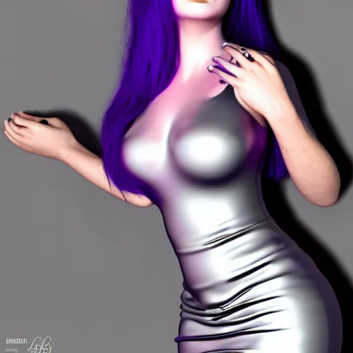 Image similar to curvy feminine goth young woman with dignified tight silver latex-nylon-silk dress, relaxed posture, purple makeup, photorealistic, cgsociety, sublime, 16k, smooth, sharp focus, ArtStation, hyperdetailed, volumetric lighting