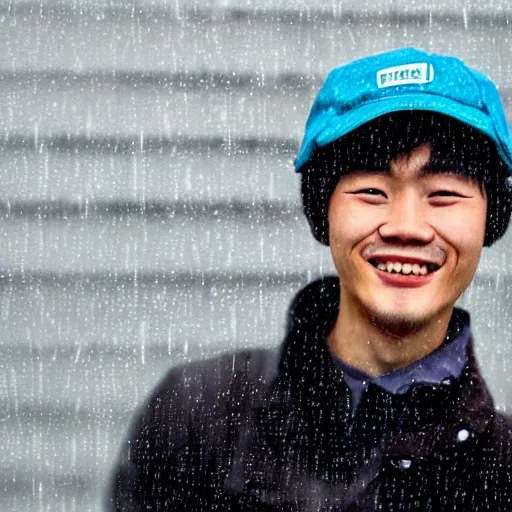 Image similar to a 2 5 years old chinese man, wearing a blue cap, smiling creepy, while looking trought a window, in the rain