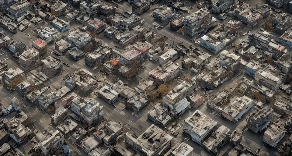 Prompt: aerial view of dilapidated zombie - apocalypse new york city in real life, desolate with zombies, dilapidated, empty streets, nightmarish, some rusted style parked vehicles, sunny weather, few clouds, volumetric lighting, photorealistic, daytime, autumn, sharp focus, ultra detailed, cgsociety