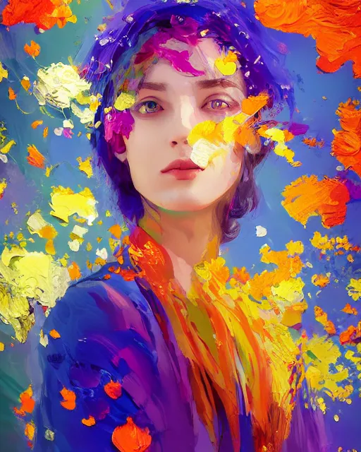 Image similar to portrait of Ewa Reis , colorful clothes, bright colors, silver filigrees, flowers, brushwork, Golden embers flying,vivid color.digital 2D, painterly style, cinematic matte Illustration,trending on pixiv and artstation.Fantastic depth-of-field effect in Bacnground,by Wlop,Mika Pikazo，Yoneyama Mai，Makoto Shinkai, VOFAN