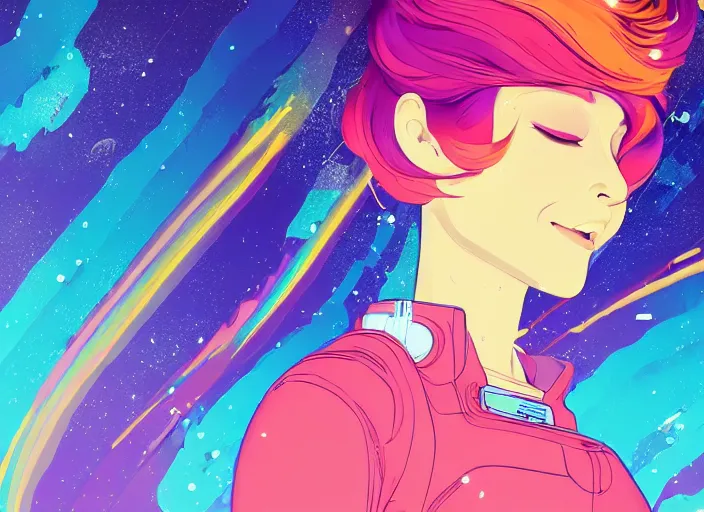 Prompt: a beautiful woman with rainbow hair floating in space. she is an astronaut, wearing a space suit, fixing her space rocket. clean cel shaded vector art. shutterstock. behance hd by lois van baarle, artgerm, helen huang, by makoto shinkai and ilya kuvshinov, rossdraws, illustration, art by ilya kuvshinov