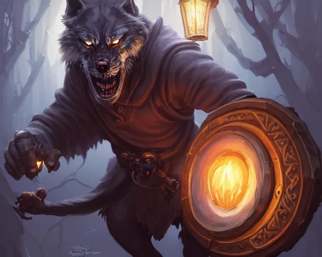 Prompt: oldman with a lantern at night time, werewolf behind him, deep focus, d & d, fantasy, intricate, elegant, highly detailed, digital painting, artstation, concept art, matte, sharp focus, illustration, hearthstone, art by artgerm and greg rutkowski and alphonse mucha