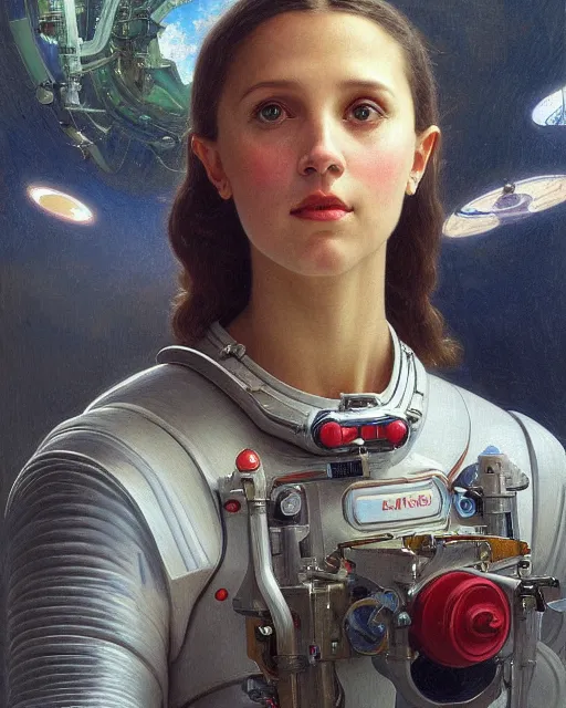 Image similar to a realistic oil painting of a girl resembling alicia vikander or millie bobby brown wearing a spacesuit in a futuristic mechanical spaceship engine, highly detailed, intricate, artstation, by donato giancola and william adolphe bouguereau