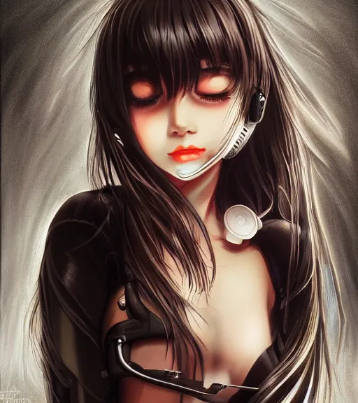 Prompt: a cute beautiful girl deep dark technoir portrait using earphones in detailed anime painting drawing style 3d unreal trending on artstation deviantart realistic hd by frank Miller sorayama giger