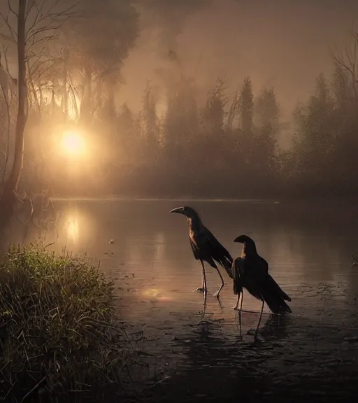 Prompt: three long legs crows in a little boat in a swamp, volumetric lighting, majestic light, octane render, ethereal glare of the sun, hyperrealistic, epic, masterpiece, by greg rutkowski