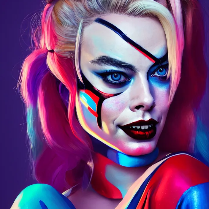 Image similar to portrait of Margot Robbie as a harley quinn. intricate abstract. intricate artwork. by Tooth Wu, wlop, beeple, dan mumford. octane render, trending on artstation, greg rutkowski very coherent symmetrical artwork. cinematic, hyper realism, high detail, octane render, 8k, iridescent accents