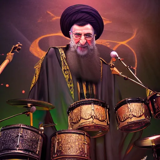 Image similar to khamenei playing drums in heavy metal band in heaven, high definition, trending on artstation, unreal engine, photorealistic, high resolution,, trending on deviantart, hdr, hyper detailed, insane details, intricate, elite, ornate, elegant, luxury, dramatic lighting, 1 0 6 6 3 8 1 0 9 0