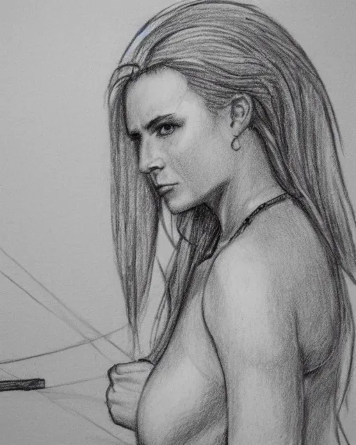 Image similar to A beautiful female warrior on a pirate ship at a deserted island, very faded outline, realism pencil drawing on white paper, bald lines