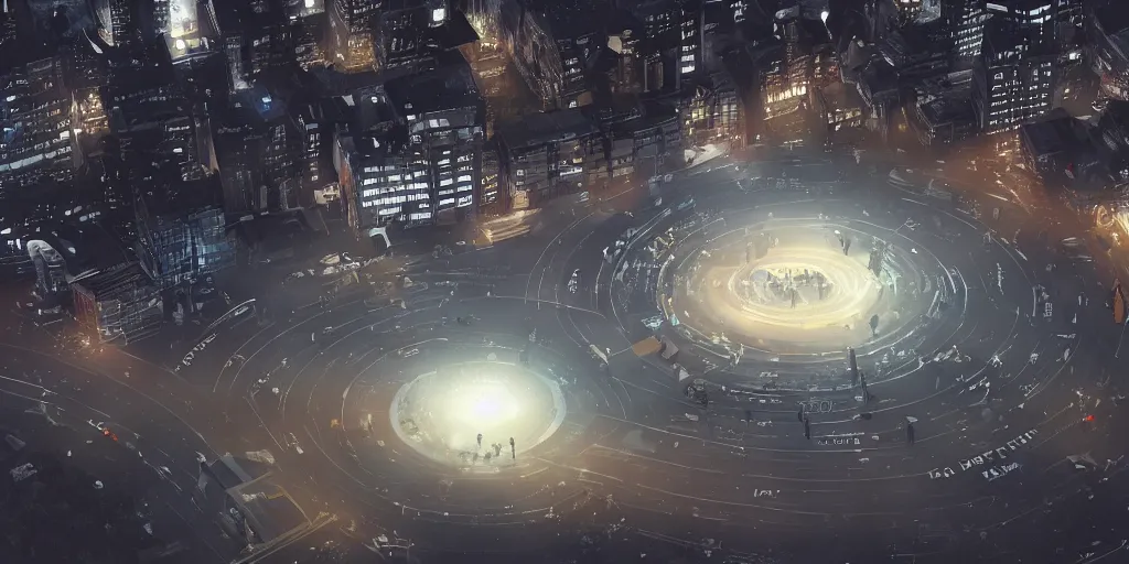 Image similar to a lot of policemen protect a huge spiral - shaped luminous object right in the center of the city from protesting people, night, rain and light fog, professional lighting, concept art in 3 d, high detail, professional lighting