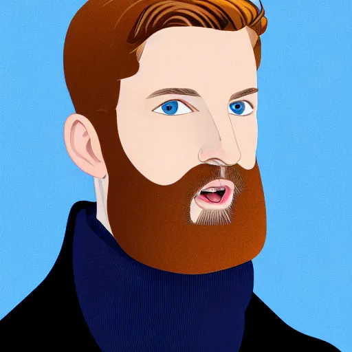 Image similar to A british man, with short blond hair and a very short blond beard wearing a corduroy jacket and turtleneck , blue eyes, pale skin, English heritage, digital art, cartoon, mid-shot, 8k