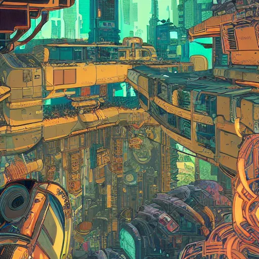 Image similar to cyberpunk explorer playing video games in his treehouse, highly detailed, 4k, midnight, by Victo Ngai and James Gilleard , Moebius, Laurie Greasley