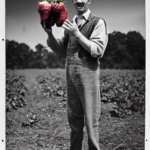 Prompt: photograph of a man standing proudly next to a huge strawberry, photograph, vintage, black and white, detailed, realistic