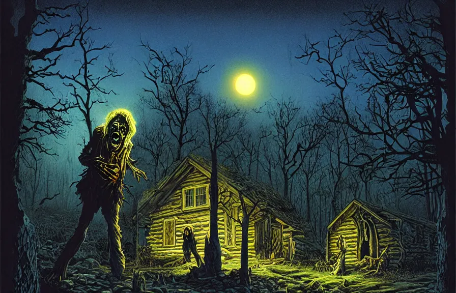 Prompt: horror artwork, a zombie outside a cozy cabin in the mountain, at night, by michael whelan, clean