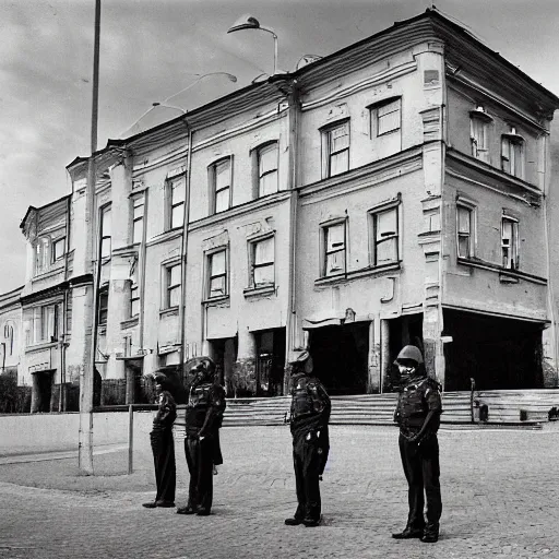 Image similar to The body art depicts a police station in the Lithuanian city of Vilnius. In the foreground, a group of policemen are standing in front of the building, while in the background a busy street can be seen. solarised by Zdzislaw Beksinski, by Fang Lijun