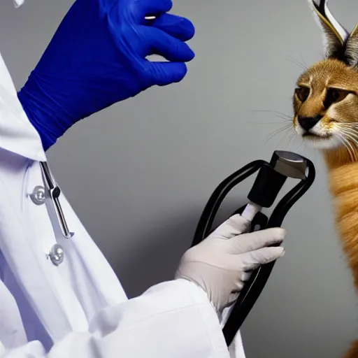 Prompt: doctor using a stethoscope to examine a cute fluffy caracal under bright operating room lights, closeup, wide angle, backlit