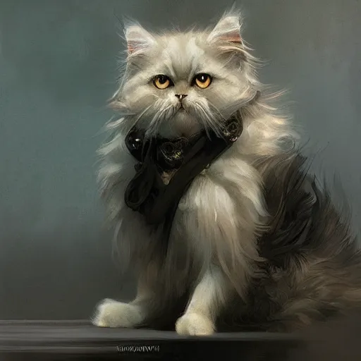 Image similar to Persian Cat, dark light night, intricate, elegant, sharp focus, illustration, highly detailed, digital painting, concept art, matte, art by WLOP and Artgerm and Greg Rutkowski and Alphonse Mucha, masterpiece