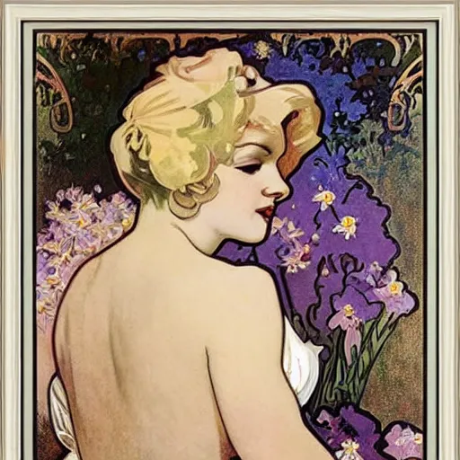 Prompt: art nouveau painting by Alphonse Mucha of Marilyn Monroe. The painting is framed by flowers. Soft, muted colors, dreamy aesthetic.