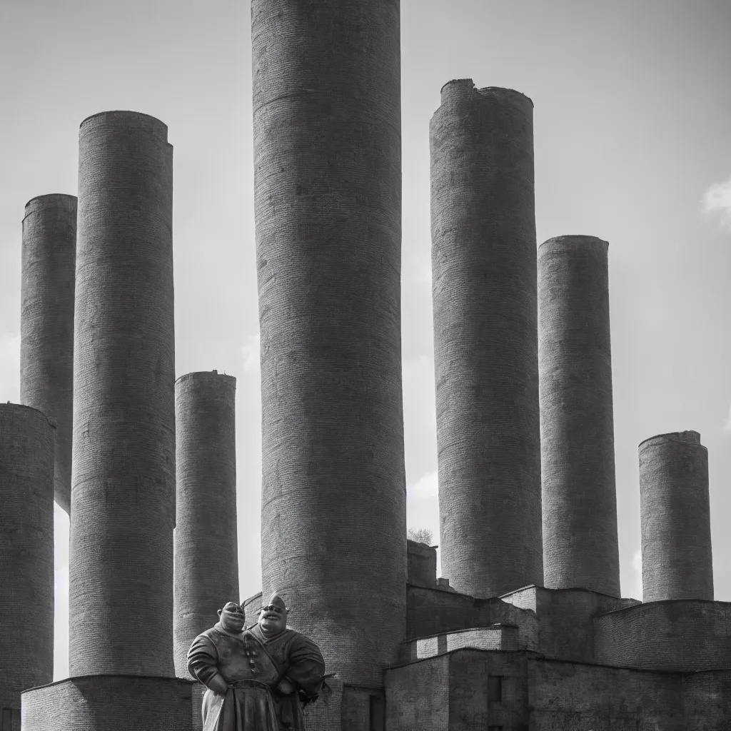 Image similar to giant shrek standing between two big soviet brutalist architekture chimneys, black and white, history channel, very detailed, 4 k, professional photography