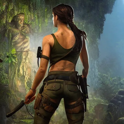 Prompt: lara croft in jungle temple setting, behind her in the background a huge statue of some unknown deity carved in to the face of wall, atmospheric lighting, painted, intricate, volumetric lighting, beautiful, golden hour, sharp focus, ultra detailed, by leesha hannigan, ross tran, thierry doizon, kai carpenter, ignacio fernandez rios