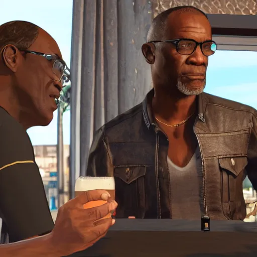 Image similar to Trevor Phillips GTA Wiki drinking a beer in a pub with Black Panther in GTA 5, photorealistic, light rays, masterpiece